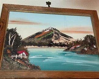 Vintage Framed Japanese Bark & Moss 3D Pictures Art Diorama Mt. Fuji Scene