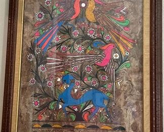 Hand Painted Bird Flowers Mexican Folk Art Picture on Amate Bark Paper