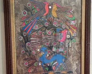 Hand Painted Bird Flowers Mexican Folk Art Picture on Amate Bark Paper