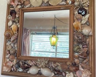 Hand Crafted Mounted Seashell Wall Mirror, Mid Century Modern Swag Lamp in Reflection