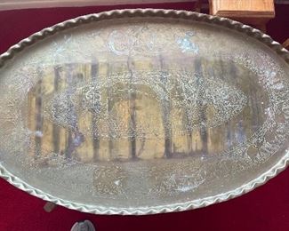 Vintage Mid Century Moroccan Large Brass Oval Tray Table Top Spider Leg Folding