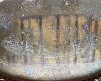 Vintage Mid Century Moroccan Large Brass Oval Tray Table Top Spider Leg Folding