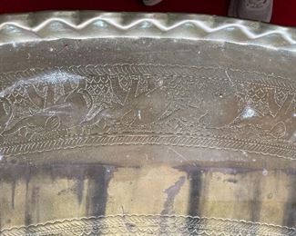 Vintage Mid Century Moroccan Large Brass Oval Tray Table Top Spider Leg Folding