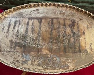 Vintage Mid Century Moroccan Large Brass Oval Tray Table Top Spider Leg Folding