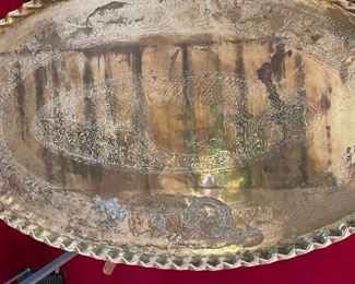 Vintage Mid Century Moroccan Large Brass Oval Tray Table Top Spider Leg Folding