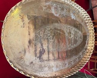 Vintage Mid Century Moroccan Large Brass Oval Tray Table Top Spider Leg Folding