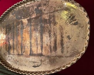 Vintage Mid Century Moroccan Large Brass Oval Tray Table Top Spider Leg Folding