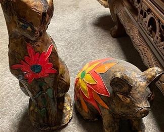 Vintage Paper Mache Pig & Cat Hand Painted Mexican Folk Art Sculpture