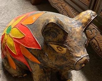 Vintage Paper Mache Pig Hand Painted Mexican Folk Art Sculpture