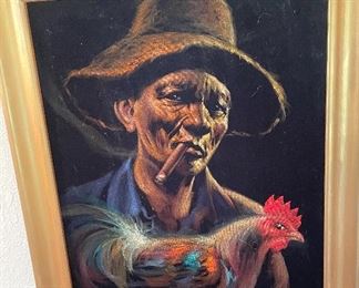 Oil on Velvet "Lolo" Elderly Man with Rooster & Smoking a Cigar, "Lola" Elderly Woman Smoking Wearing Traditional Clothing Signed Ener Philippines