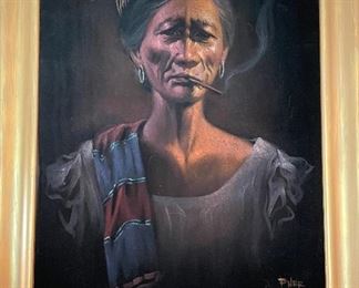 Oil on Velvet "Lolo" Elderly Man with Rooster & Smoking a Cigar, "Lola" Elderly Woman Smoking Wearing Traditional Clothing Signed Ener Philippines