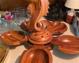 Monkey Pod Teak Wood Lazy Susan Carved Fish Hors d' Oeuvres Stand