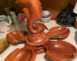 Monkey Pod Teak Wood Lazy Susan Carved Fish Hors d' Oeuvres Stand