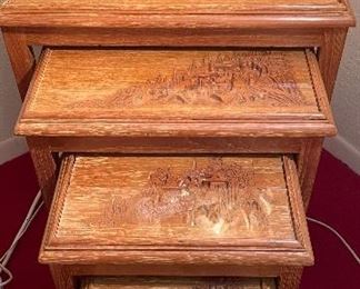 Vintage Deep Carved Nesting Tables, Vintage Capice Shell Four Tier Hanging Lamp