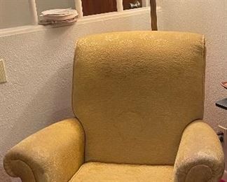 Floor Lamp Coral Shade, Gold Oversized Brocade Arm Chair with Ottoman