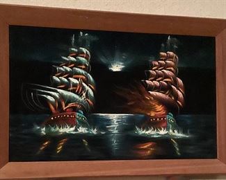 Framed Oil on Velvet Sampans