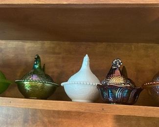 Assorted Vintage Glass Chickens in Baskets