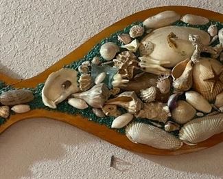 Hand Crafted Mounted Seashells onto Wooden Fish Shaped Frame