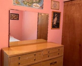 Full Size Bedroom Set, Vintage Mid Century Modern Full Size Burnett's Headboard & Nightstand, Mid Century Modern Burnett's Dresser with Mirror, Hand Crafted Shadow Box/Shelving, Framed Crafted Sea Shells