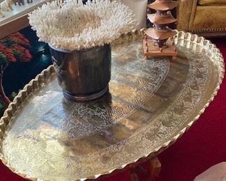 Vintage Mid Century Moroccan Large Brass Oval Tray Table Top Spider Leg Folding, Vintage Wooden Five Storied Japanese Pagoda, Assorted Hand Carved Elephants, Alabaster, Wood & Soap Stone, White Coral, Vase