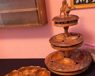 Monkey Pod Three Tier Teak Wood Lazy Susan Water Buffalo Philippines, Monkey Pod Relish Tray Teak Wood, Hand Crafted Shelving/Shadow Box, Framed Crafted Sea Shells