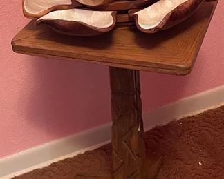 Monkey Pod Layered Tier Teak Wood Lazy Susan Capice Shell Inlaid Rotating Pedestal Table 