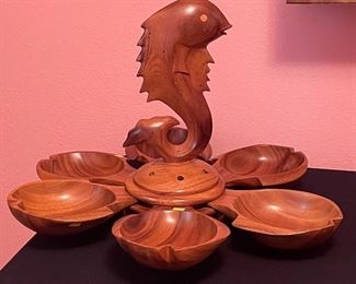 Monkey Pod Teak Wood Lazy Susan Carved Fish Hors d' Oeuvres Stand