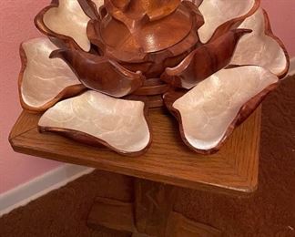 Monkey Pod Layered Tier Teak Wood Lazy Susan Capice Shell Inlaid Rotating Pedestal Table 