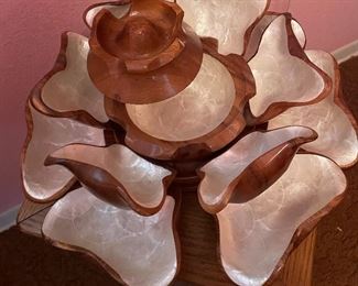 Monkey Pod Layered Tier Teak Wood Lazy Susan Capice Shell Inlaid Rotating Pedestal Table 