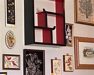 Assorted Framed Art Work, Oriental Shadow Box/Shelving Nik Naks