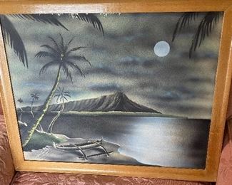 Framed & Signed Art Island Scene Evening Moon by Hale Pua, Hawaii