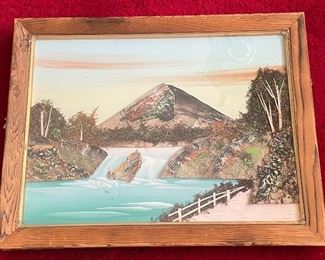 Vintage Framed Japanese Bark & Moss 3D Pictures Art Diorama Mt. Fuji Scene
