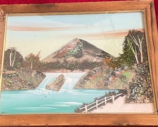 Vintage Framed Japanese Bark & Moss 3D Pictures Art Diorama Mt. Fuji Scene