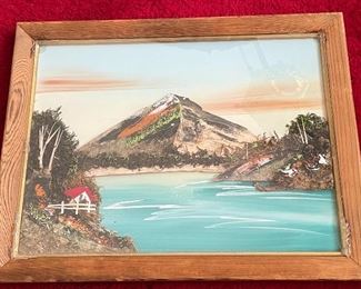Vintage Framed Japanese Bark & Moss 3D Pictures Art Diorama Mt. Fuji Scene