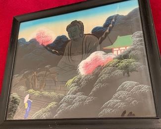 Framed & Signed Geisha Girl Japan Large Budha in Background