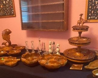 Monkey Pod Three Tier Teak Wood Lazy Susan Water Buffalo Philippines, Monkey Pod Teak Wood Lazy Susan Carved Fish Hors d' Oeuvres Stand, Monkey Pod Relish Tray Teak Wood, Hand Crafted Shelving/Shadow Box, Framed Crafted Sea Shells