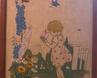 Hand Embroidered Garden Scene