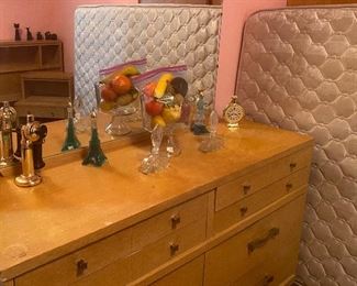 Vintage Assorted Avon Bottles, Mid Century Modern Burnett's Dresser with Mirror, Full Size Bed