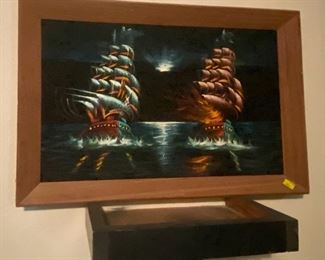 Framed Oil on Velvet Sampans
