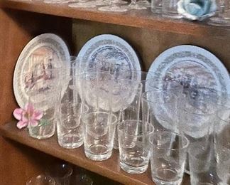 Assorted Stemware, Assorted Collectible Plates, Porcelain Flowers, Hand Crafted Desk