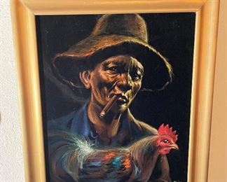 Oil on Velvet "Lolo" Elderly Man with Rooster & Smoking a Cigar, "Lola" Elderly Woman Smoking Wearing Traditional Clothing Signed Ener Philippines
