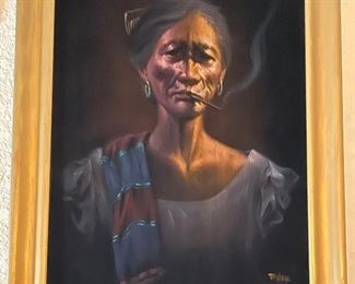 Oil on Velvet "Lolo" Elderly Man with Rooster & Smoking a Cigar, "Lola" Elderly Woman Smoking Wearing Traditional Clothing Signed Ener Philippines