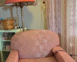 Dusty Rose Oversized Brocade Arm Chair, Vintage Floor Lamp Coral Lamp Shade, Mid Century Modern Swag Lamp