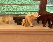 Assorted Hand Carved Elephants, Alabaster, Wood & Soap Stone