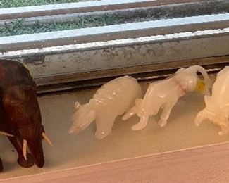 Assorted Hand Carved Elephants, Alabaster, Wood & Soap Stone