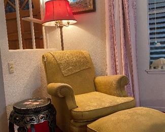 Floor Lamp Coral Shade, Gold Oversized Brocade Arm Chair with Ottoman, Hand Painted Bird Flowers Mexican Folk Art Picture on Amate Bark Paper, Vintage Asian Wood Carved Japanese Flower Plant Stand Pedestal Table