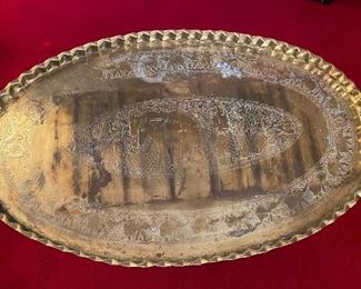 Vintage Mid Century Moroccan Large Brass Oval Tray Table Top Spider Leg Folding