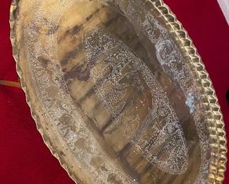 Vintage Mid Century Moroccan Large Brass Oval Tray Table Top Spider Leg Folding