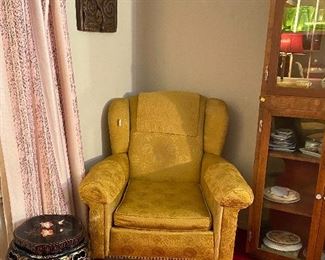 Gold Oversized Brocade Arm Chair, Vintage Asian Wood Carved Japanese Flower Plant Stand Pedestal Table