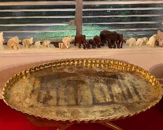 Assorted Hand Carved Elephants, Alabaster, Wood & Soap Stone, Vintage Mid Century Moroccan Large Brass Oval Tray Table Top Spider Leg Folding